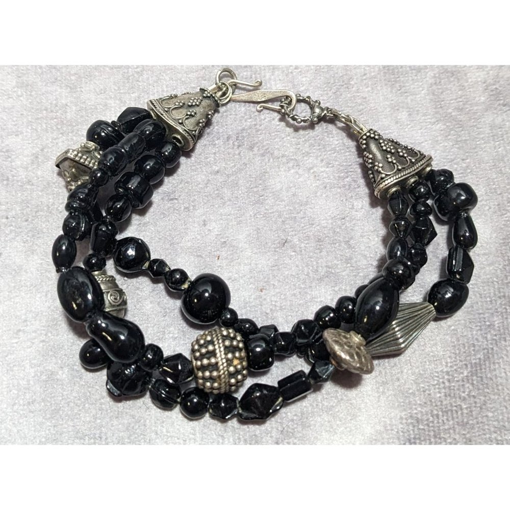 Sterling Black Glass Beaded Bracelet
